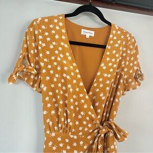 Privacy Please Rosalie Midi Dress Gold Floral Wrap Tie Sleeve Size S
